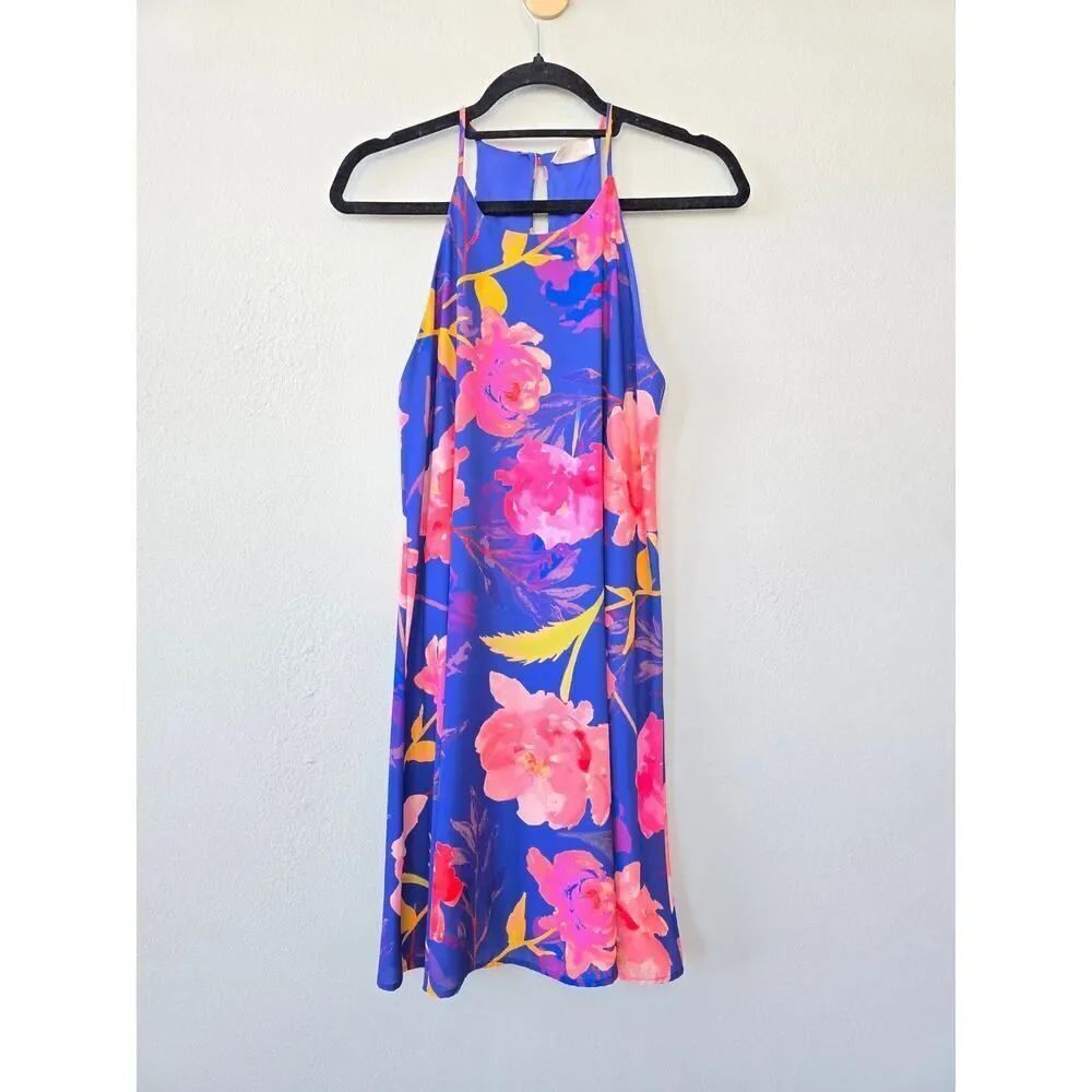 Everly Floral Swing Dress Blue Pink Sleeveless Mini Dress Size S Tropical Brunch